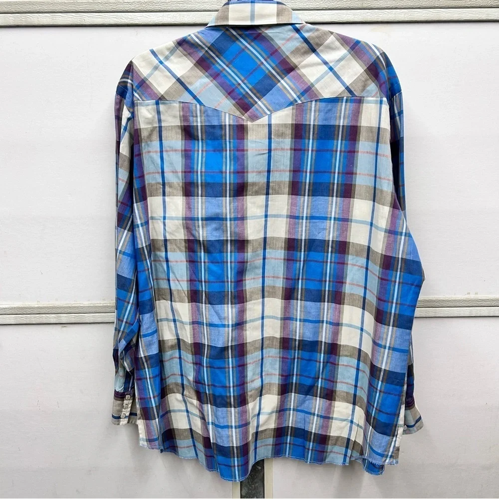 Vintage Wrangler Plaid Button Down Shirt Pearl Snap Western Size XL